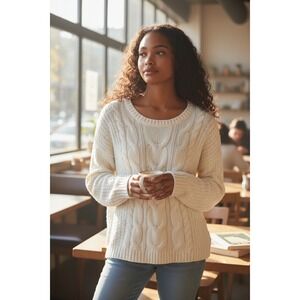 SO Heritage Cream Cable Knit Sweater Women Size L Long Sleeve Crew Neck Casual